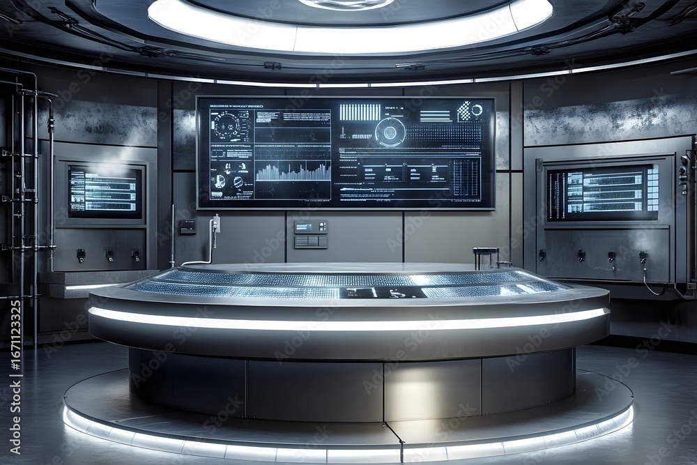 Obraz premium A sleek modern podium in a high tech laboratory made of smooth aluminum with digital displays embedded on each tier 