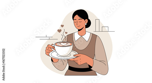 Woman Holding Coffee With Heart Latte Art, Modern Illustration Design For Posters