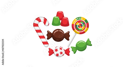 Charming assortment of colorful cartoon sweets and candies offering a whimsical dessert delight