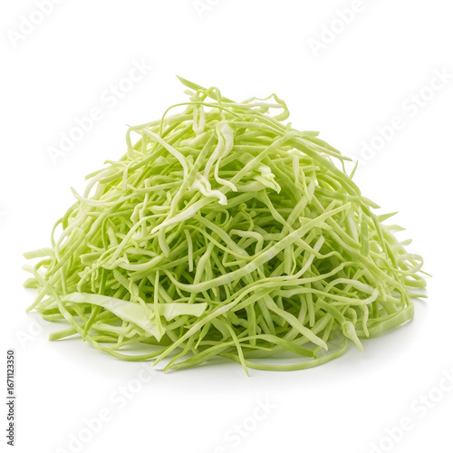 A neat pile of finely shredded fresh green cabbage isolated on a clean white background.