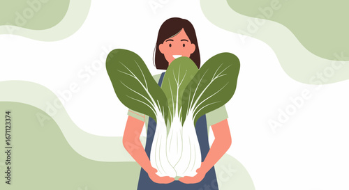 Woman Holding Fresh Bok Choy Illustrative Artwork Depicting Healthy Nutrition and Green Produce