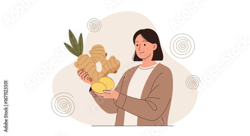 Woman Holding Ginger Root And Slices Depicted In A Delicate And Artistic Way
