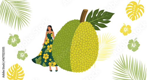 Tropical Vibe Featuring a Woman, Jackfruit, And Exotic Floral Artwork Presentation