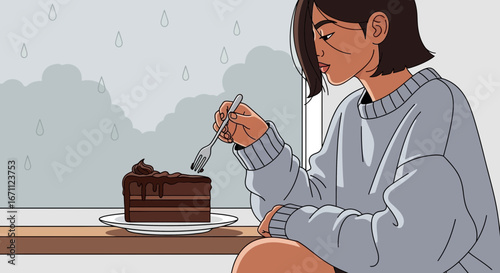 Woman Indulges In Chocolate Treat While Watching Rain Through The Window Afternoon
