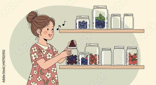 Woman Joyfully Organizing Jars Of Freshly Harvested Berries And Fruits on Wooden Shelves