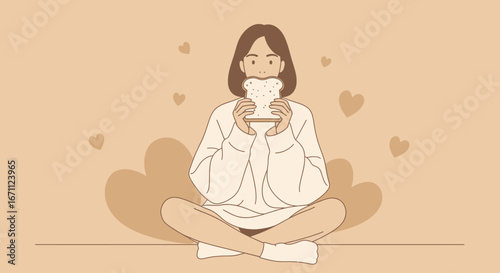 Woman Meditating with Bread Celebrating Daily Freshness, a Warm Breakfast