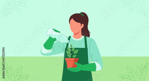 Woman Nurturing Plant, Showing Care, Cultivating Growth, With Water and Green Gloves
