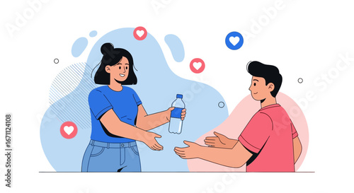 Woman Offering Water To A Man With Loving Hearts And Appreciation Symbols Above