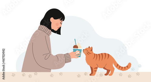 Woman Offers Coffee To A Happy Cat: A Heartwarming Illustration Of Friendship