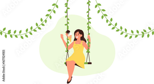 Woman On A Swing And Eating Ice Cream Under Decorative Green Leaves