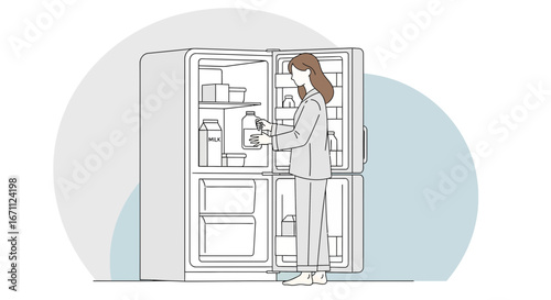 Woman Opening Fridge for Food, Morning Routine, Minimalist Artwork, Modern Lifestyle
