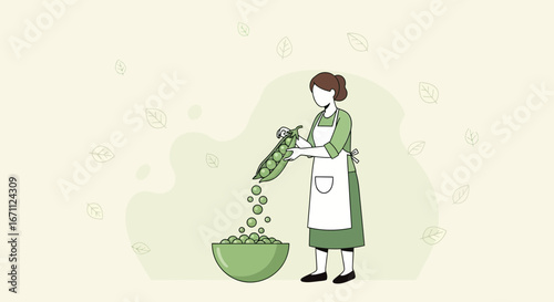 Woman Peeling Peas Into The Bowl And Readying Them For Food Preparation
