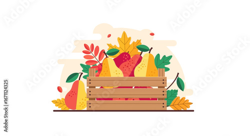 Vibrant Illustration Of Autumn Pears Arranged Inside A Wooden Crate With Leaves