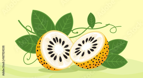 Vibrant Illustration Of Passionfruit Halves with Green Leaves, Fresh and Healthy Concept