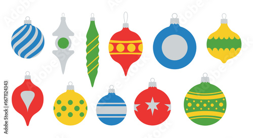 Festive assortment of colorful Christmas ornament icons for holiday designs