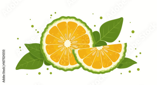Vibrant Kaffir Lime Slices With Leaves Illustration On White Background Artistic Depiction