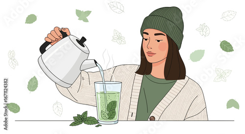 Woman Prefers Pouring Hot Water In Cup Preparing Herbal Tea Mint For Refreshing Moment