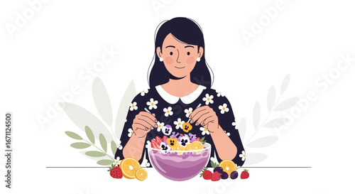 Woman Preparing a Delightful And Colorful Fresh Fruit Bowl With Edible Flowers