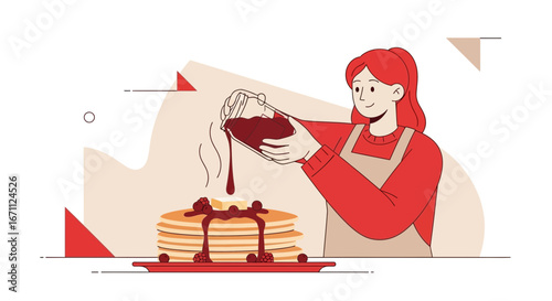Warm, Comforting Breakfast: Person Pours Syrup Over Stacked Pancakes in an Illustration