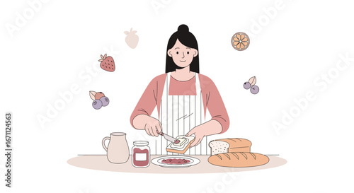 Woman Preparing Delicious Meal: Spreading Marmalade On Bread Ready To Enjoy