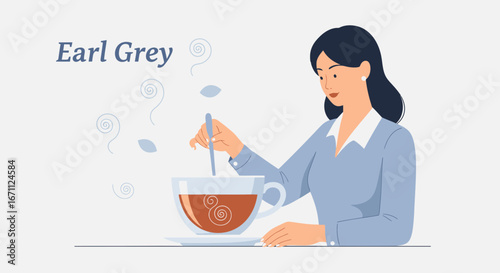 Woman Preparing Earl Grey Tea In A Cup With Steam And Decorative Artistic Elements