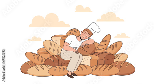 Weary Baker Resting Among Freshly Baked Bread Loaves, Bakery Illustration Design
