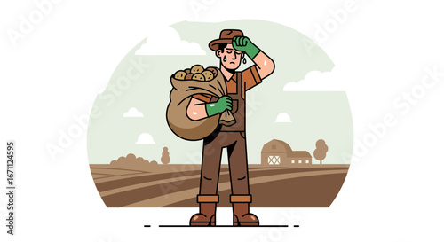 Weary Farmer Exhausted By Harvest Labor Carrying a Bag of Potatoes in Fields