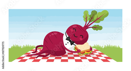 Whimsical Beetroot Person Enjoying Lunch on Picnic Blanket Under Sunny Skies