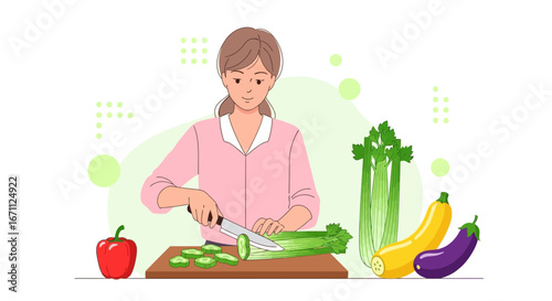 Woman Preparing Fresh Vegetables in a Kitchen, Healthy Eating and Cooking Concept