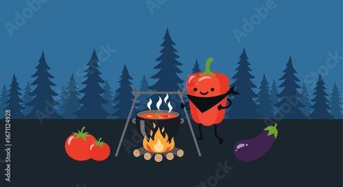 Whimsical Campfire Cooking in Forest at Dusk with Anthropomorphic Vegetables
