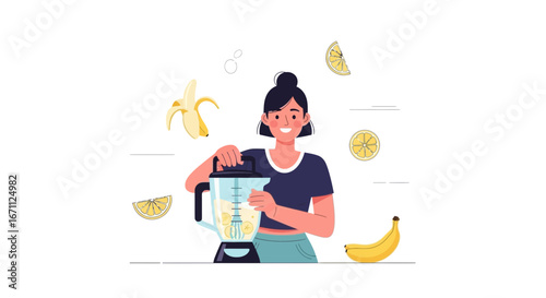 Woman Preparing Healthy Smoothie With Fruits, Bananas, and Limes in a Blender