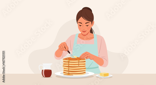 Woman Preparing Pancakes with Syrup, Showing Food Preparation and Culinary Delights