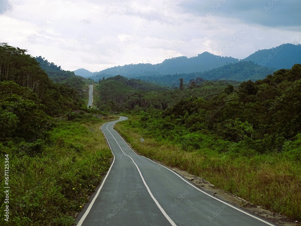Obraz premium The alternative road connecting Batulicin-Banjarbaru was built among the majestic expanse of the Meratus Mountains.