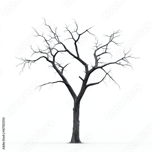 Bare tree with dark branches isolated on white background