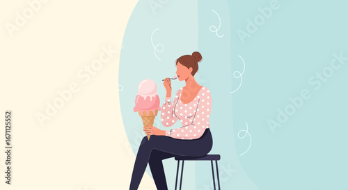 Woman Savoring Delightful Ice Cream Cone While Sitting, Pastel Background Illustration