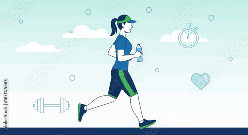 Woman Running, Exercising With Water, Healthy Lifestyle, And Fitness Concept Illustration