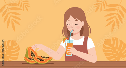 Woman Savoring Papaya Juice Enjoying Fresh Fruit In Calm and Relaxed Lifestyle