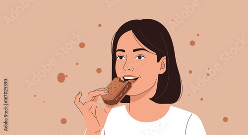 Woman Savors Delicious Sweet Treat Enjoying A Bite Of A Biscuit Dessert Snack Pleasure