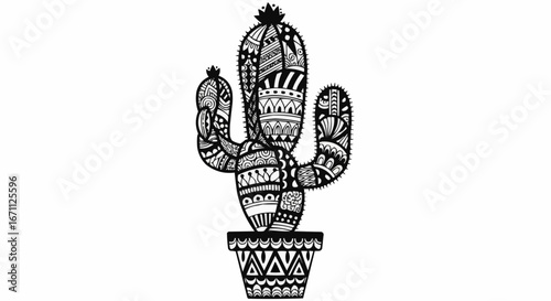 Zentangle Cactus Illustration in Pot, Black and White