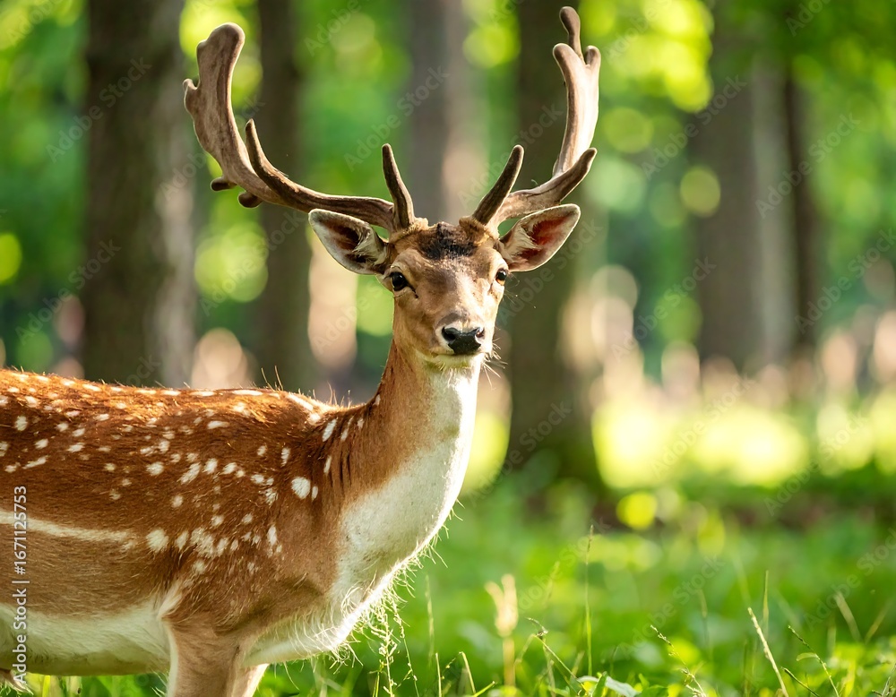Naklejka premium Fallow Deer in Forest, Summer Sunlight