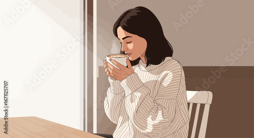 Woman Sipping Coffee Indoors Amidst Gentle Morning Sunlight With Closed Eyes Contentment.