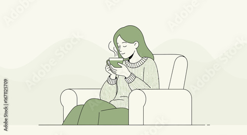 Woman Sipping Hot Beverage While Relaxing On a Comfy Couch, Enjoying Peaceful Home Moments