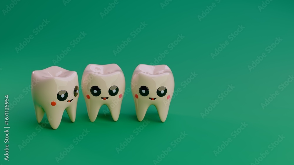 Fototapeta premium Three tooth characters with eyes and small mouths standing together on green background with reflections on the floor and copy space on the right side