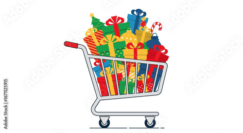 Festive shopping spree with a brimming cart of vibrant presents and holiday cheer delight