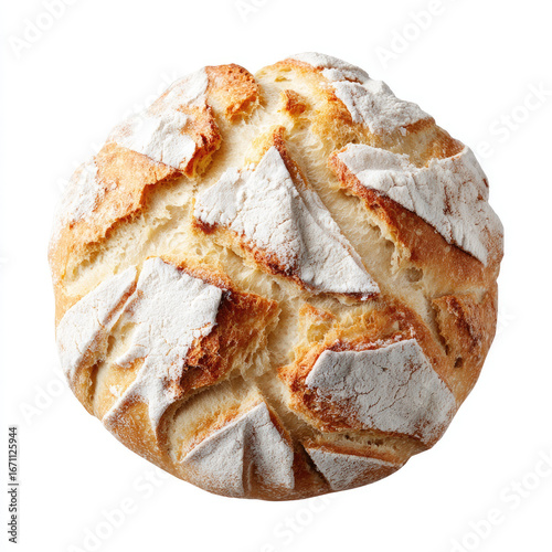 Crusty round bread loaf with flour dusting and golden crust