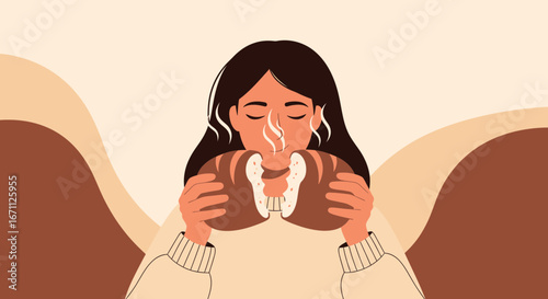 Woman Smelling Fresh Bread, Illustration Depicting the Joy of Baking and Enjoying the Aroma