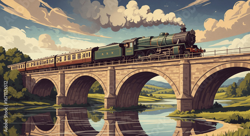 Vintage Steam Train on Stone Bridge in Gouache Textured Flat Style, Nostalgic Railway Illustration - Vector for Travel and Adventure Concepts.