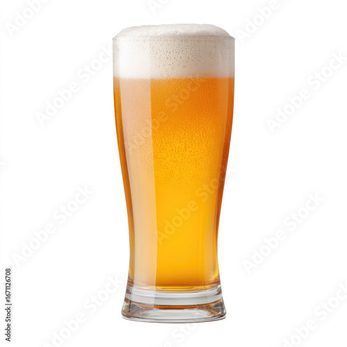 Golden beer with foam in tall glass, refreshing cold drink