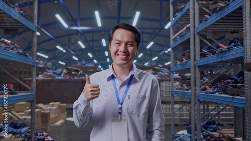 Wallpaper Mural Shot Captures Of An Asian Male Professional Worker Standing, Industrial Scrap Metal and Recycling Warehouse, His Broad Smile At The Camera And Thumbs Up Torontodigital.ca