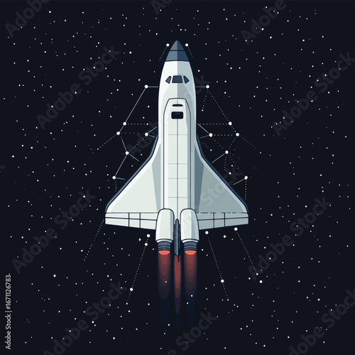 Top view vector illustration of grey space shuttle with polygonal network of connecting dots and lines on dark starry sky background in flat minimalist style